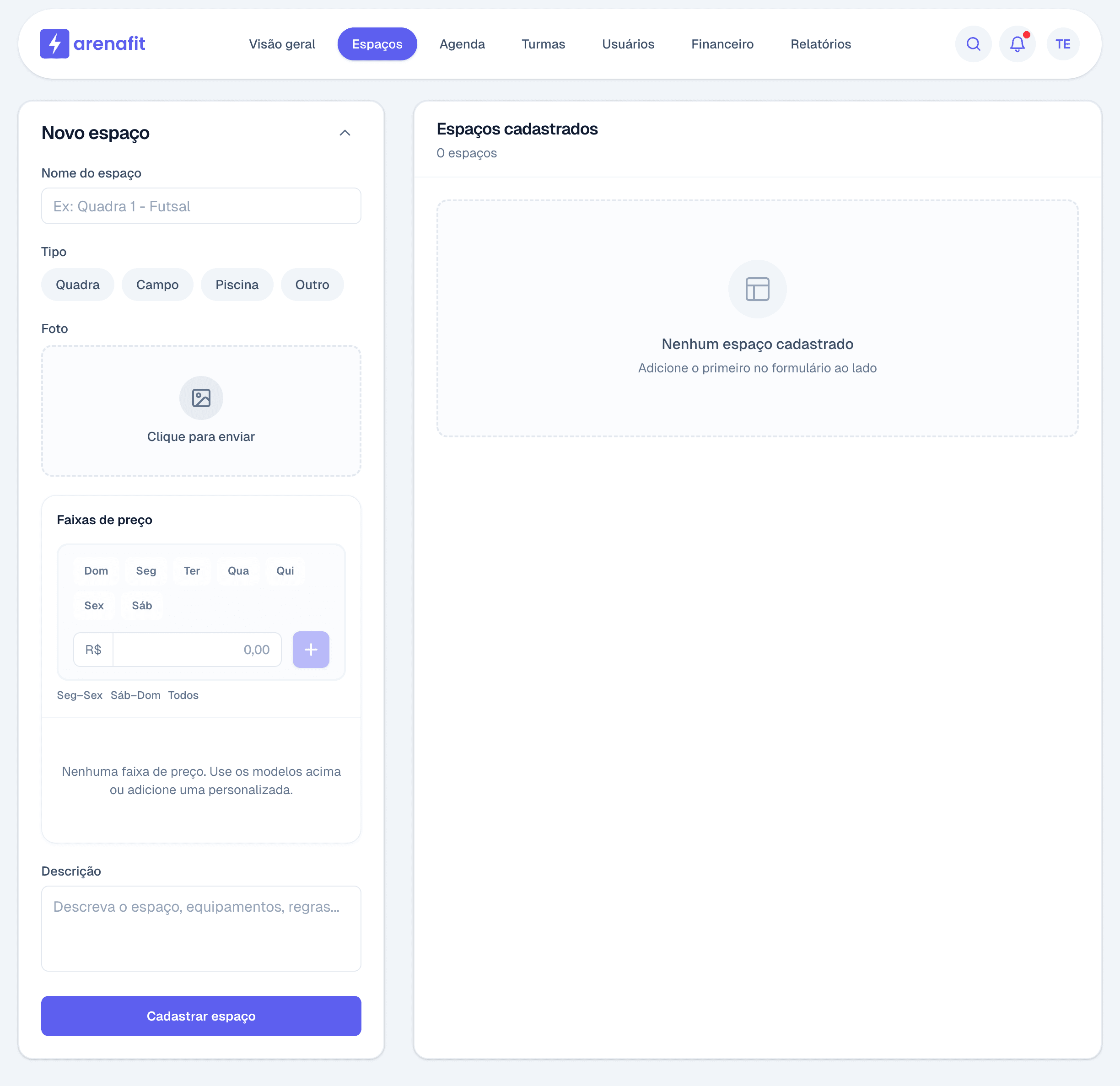 Tela do sistema: Quadras e zonas